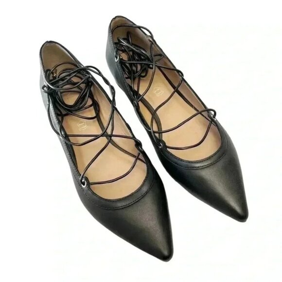 Aldo Alize Black Leather Ballet Flats Pointy Toe Lace Up Ankle Ties Size 7.5 - Picture 5 of 16